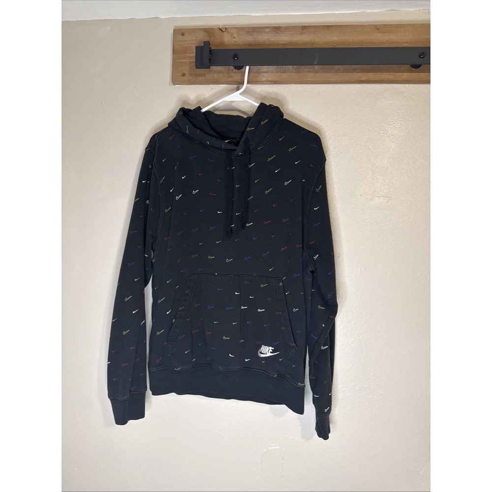 Vintage Nike Hoodie Sweatshirt Men's Black All Over Small Swoosh Logo Medium Y2K